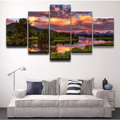 Wall Art Poster Canvas HD Print A Beautiful Sunset and River of Trees Pictures 5 Pieces Painting Living Home Room Decor