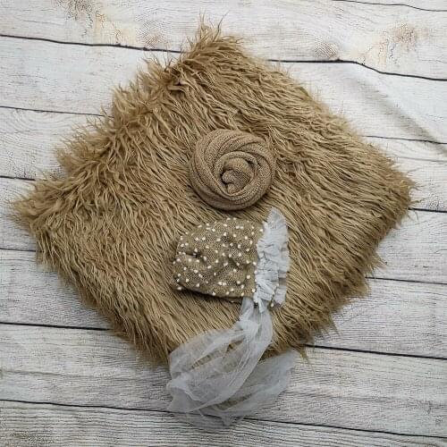 Faux Fur 150*100cm Blanket backdrop+140*30cm Stretch Knit Wrap+Hair Accessories Baby Girl Hats for Newborn Photography Props