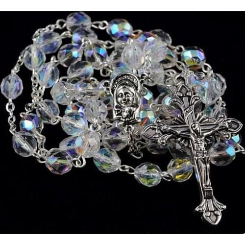 Catholic Rosary Beads Czech AB Glass Bead Silver Traditional Five Decade Gift First Communion