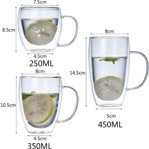 94PF 250/350/450ML Glass Coffee Cups, Insulated Double Walled Coffee Glasses Heat Resistant Cup Drinking Glasses with Handle