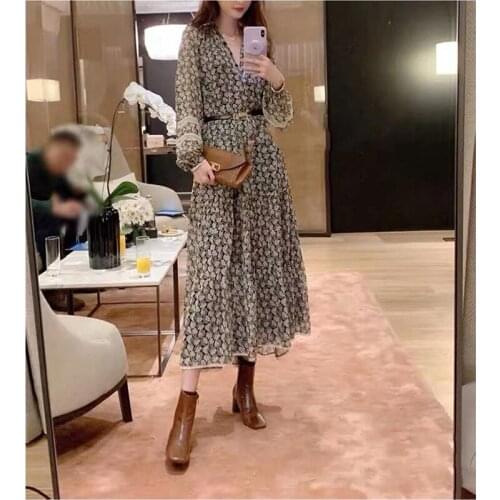 Celi 21 spring and summer baby collar lace patched bubble sleeve slim dress with belt print medium length dress