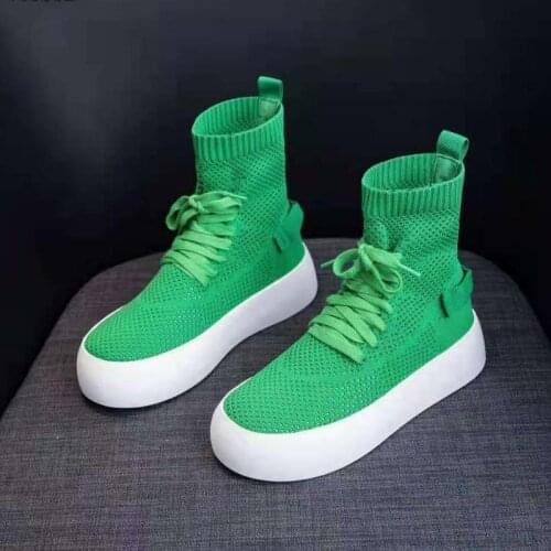Summer New Breathable Knit womens Boots Trendy Faltform High Top Casual Shes Women Rround Toe Slip On Chelsea Boots Blakc Green