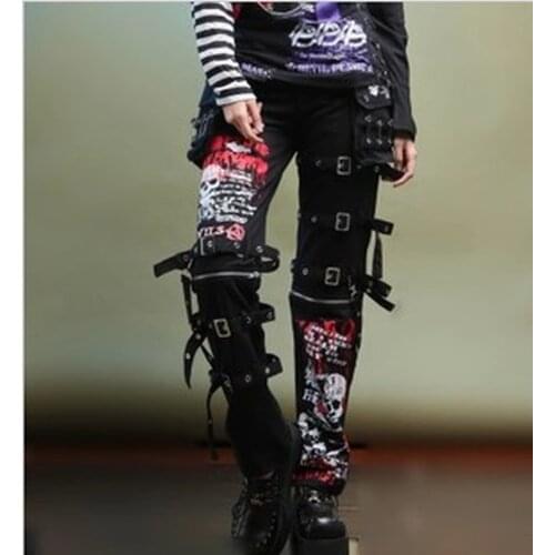Fashion Mens Dance Clubwear Punk Belt Buckle Printed Hip Hop Gothic Skull Chains Pants Trousers Graffiti Straight Sz