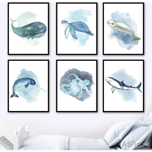 Cartoon Watercolor Marine Life Poster Whale Shark Turtle Dolphin Octopus Wall Art Canvas Painting Nordic Pictures for Home Decor