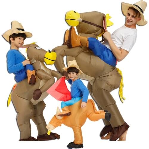 Inflatable Cow Costume Ride on Bull Cowboy horse Cosplay Costume Purim Halloween Costumes for Women Men Kid Party Fancy Dress