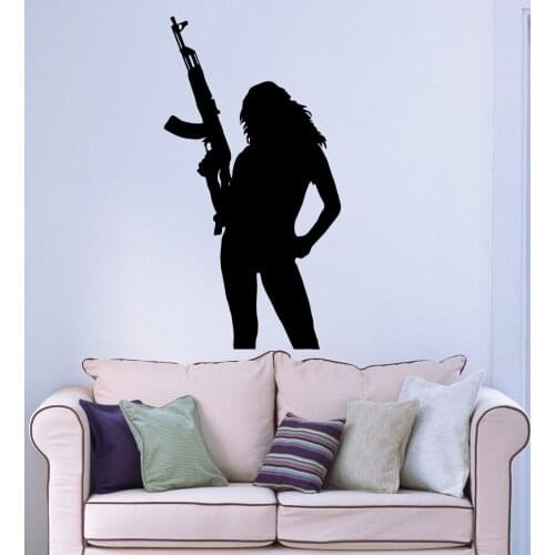 Wall Sticker Vinyl Decal Silhouette Sexy Girl Gun Weapon Women Soldier image Wall Decals For Girl Room Army Soldier Mural Y11