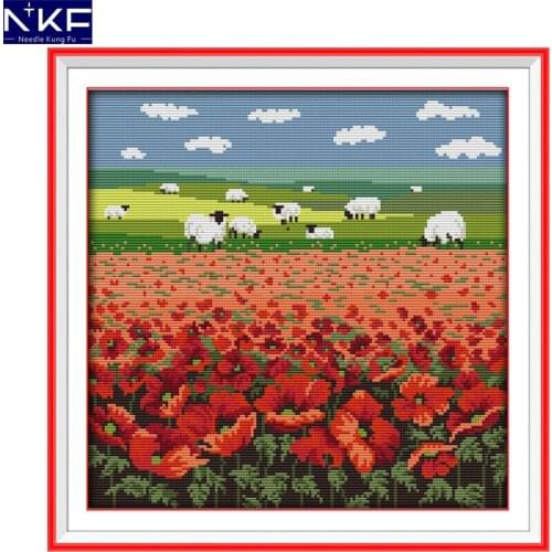 NKF Poppy and Sheep Cross Stitch Pattern Handmade Craft Scenery Design Needlework Cross Stitch Set Embroidery for Home Decor