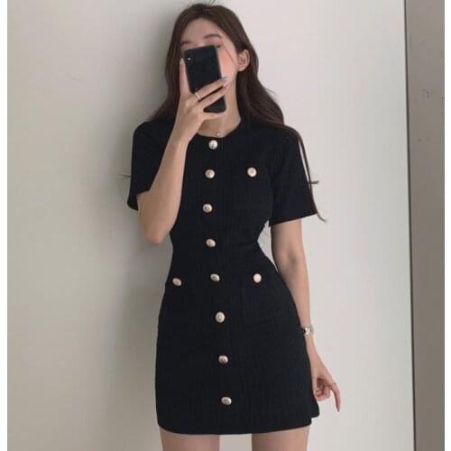 2021 New Summer Girls Fashion Sheath Short Sleeve Buttons Thin Dresses Tops Ladies Mini Patchwork Elastic Sweater Dress