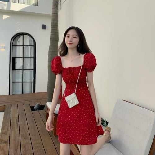 2021 Summer New Korean-style Women Mini Dresses Red High Waist Hugging A- Line Square Collar Backless Short Sleeve Dress Y354