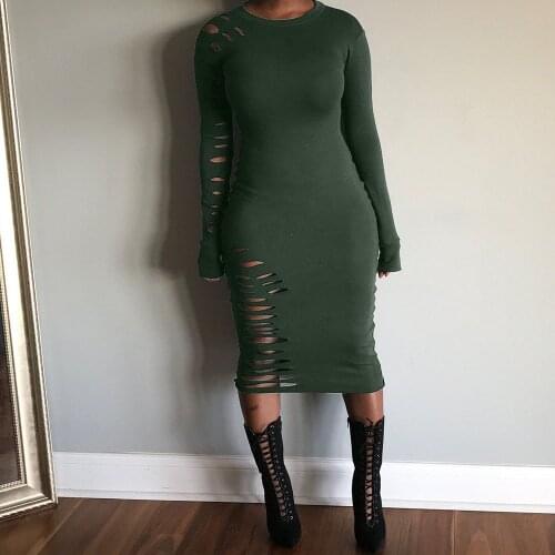 Solid Casual Dress Fall Clothes for Women 2020 Long Sleeve Round Neck Hole Sheath Bodycon Dress Ladies Streetwear T Shirt Dress
