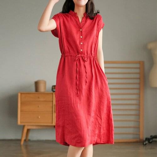 NINI WONDERLAND 2021 Summer V-neck Drawstring Linen Shirt Dress Women Short Sleeve Vintage Midi Dress Korean Style Dresses