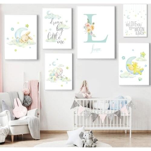 Custom Name Poster Cartoon Elephant Baby Boy Nursery Wall Art Moon Star Print Canvas Painting Nordic Pictures Kids Room Decor