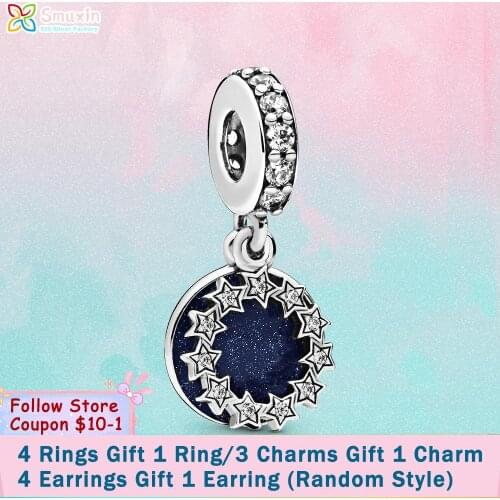 Smuxin 925 Sterling Silver Inspirational Stars & Blue Enamel Dangle Charms fit Original Pandora Bracelet Women Jewelry Girl Gift