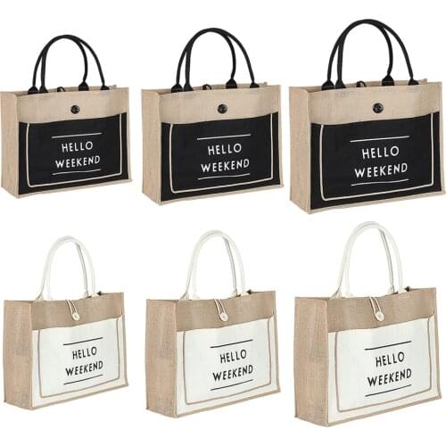Portable Eco-Friendly Women Jute Shopping Bag Casual Shoulder Beach Tote Bag Reusable Waterproof Lady Daily Burlap Handbag