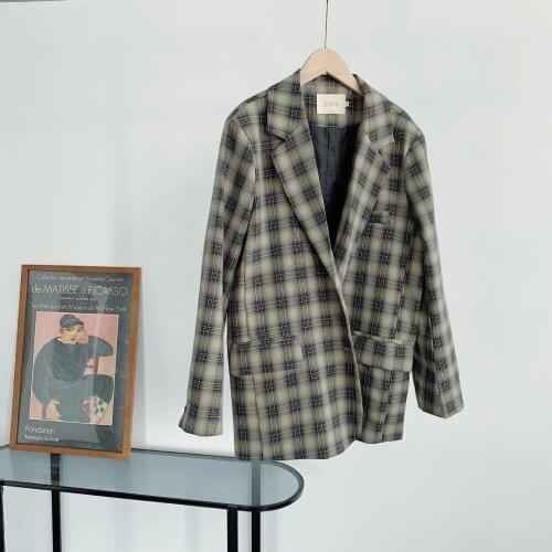 Vintage Loose Women Plaid Blaze 2021 Spring Autumn New Single Breasted Oversized Suit Jackets Office Lady