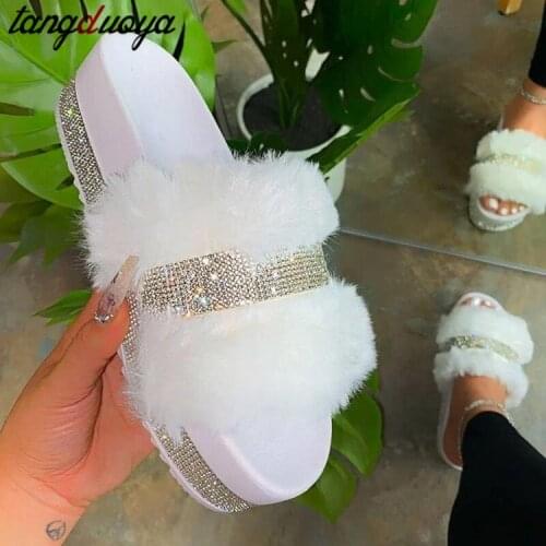 2020 Women Fur Slippers Summer autumn Home Fur Slides Women Big Size 43 Fluffy Female Shoes Bling Glitter Indoor platform Slides