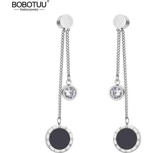 BOBOTUU Trendy Roman Numeral Long Tassel Earrings For Women Titanium Stainless Steel CZ Crystal Wedding Earrings Jewelry BE19125