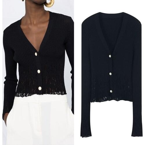 2021 Spring Autumn Summer Women Sweater Cardigans V-Neck Solid Black White Hollow out Knit Crop Tops Long Sleeve Fashion Korean