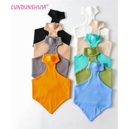 LUNDUNSHIJIA 2021 Summer Women Candy Colors Sexy Knitting Cotton Off Shoulder Sleeveless CropTops Bodycon Ribbed Halter Tops