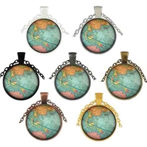 BUDROVKY Fashion Global World Map Geographic Travel Style Pendent Necklace Choker Necklace for Women Men Collar Neck Jewelry Gif