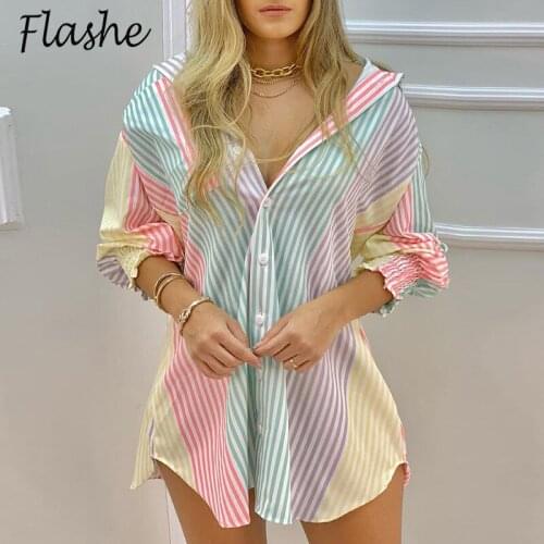 Women Spring Autumn Striped Print Dress Boho 2021 Long Sleeve Office Shirt Dress Female Loose Beach Party Vestidos Plus Size