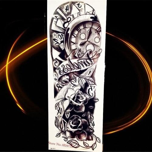 3D Black Compass Clock Rose Big Flower Body ARt ARm Fake Temporary Tattoo Sticker 17*46CM Waterproof Flash Tattoo Sleeve HQB-011