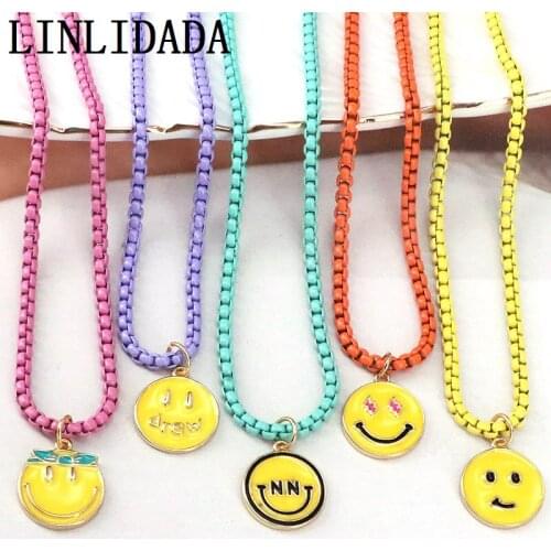 5Pcs Fashion colorful enamel chain necklace with smile face enameled pendant jewelry for women gift