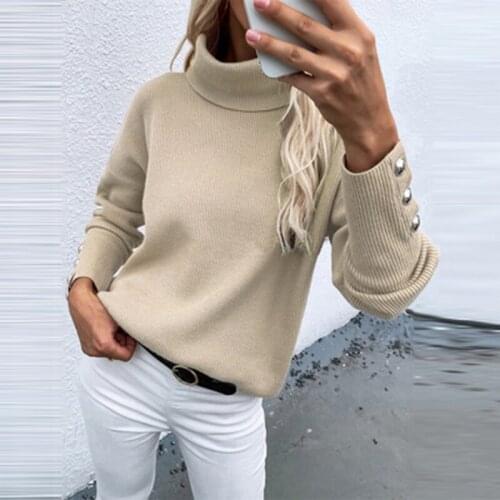 Basic Turtleneck Ladies Elasticity Sweaters Autumn Winter Tops Slim Women Buttons Pullover Knitted Sweater Jumper Soft Warm Pull