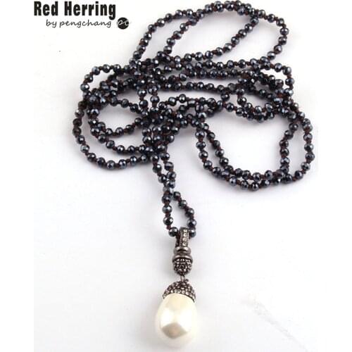 Free Shipping Fashion 4mm Mini Black Color Glass Knotted Handmake Paved Pearl Drop Pendant Necklaces