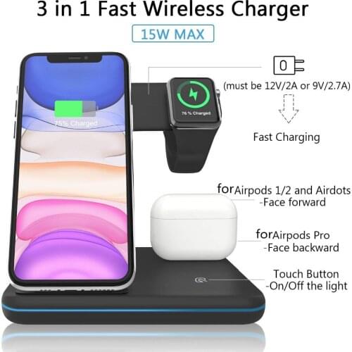 Wireless Charger Stand 3 in 1 Qi 15W Fast Charging Dock Station for Apple Watch iWatch 5 4 3 AirPods Pro For iPhone 11 XS XR X 8