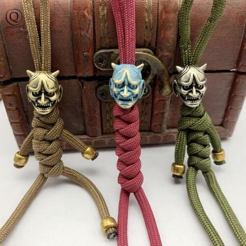 Buddhism Ghost Hannya Mask Brass Keychains Pendants Vintage Paracord Rope Knife Beads EDC Outdoor Tool DIY Bracelets Accessories