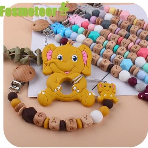Fosmeteor Customized Name Newborn Infant Pacifier Chain Elephant Silicone Beads Teether Toy Dummy Holder Baby Pacifier Chain