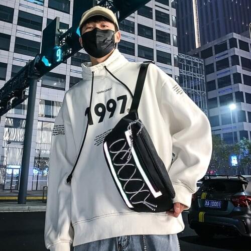 Mihaivina Men Canvas Chest Bag Unisex Reflective Canvas Hip Hop Shoulder Bags Women Fanny Pack Waist Bag Crossbody Pouch Bags