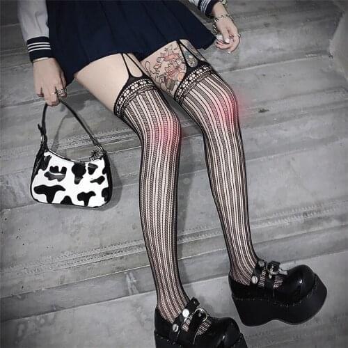 Classical Black Tights Women Open Crotch Garter Stockings Gothic Thigh High Fishnet Pantyhose Hot Girls Slim Leg Party Hosiery
