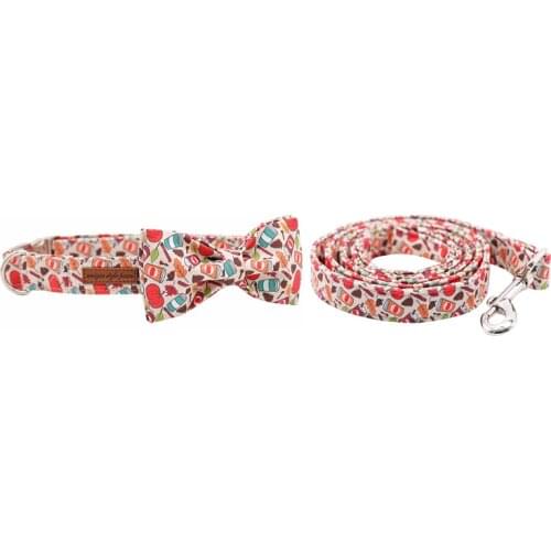 Coffee Pumpkin Cotton Fabric Dog Collar and Leash Set with Bow Tie for Big and Small Dog Metal Buckle Pet Accessories