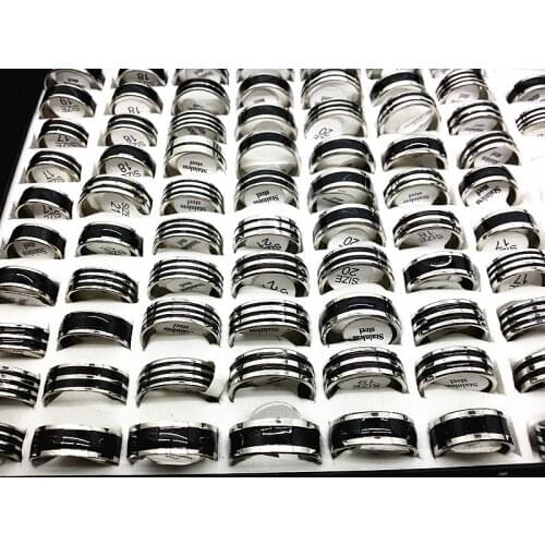 Wholesale bulk lots 50pcs black enamel mens stainless steel rings jewelry