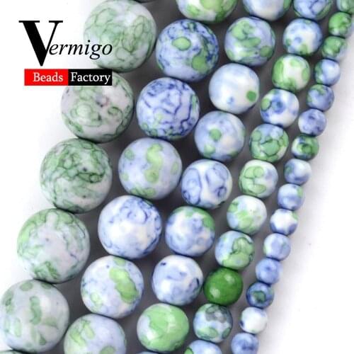 Natural Light Blue Green Stripe Rain Flower Stone For Jewelry Making 4mm-10mm Round Loose Spacer Beads DIY Necklace Bracelet 15"