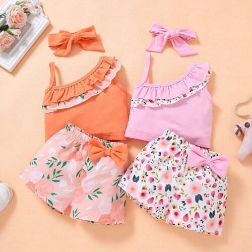 New Summer 2-5 Years Kids Clothes Toddler Girls Dot Floral Print 3pcs Sleeveless Tops Floral Printed Shorts Bow Headband Sets