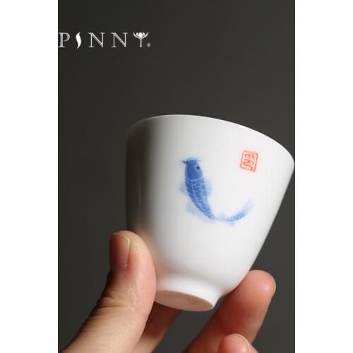 PINNY 55ml Hand Painted Carp White Porcelain Teacups Chinese Kung Fu Tea Cup Pigmented Tea Service Hand Made Drinkware