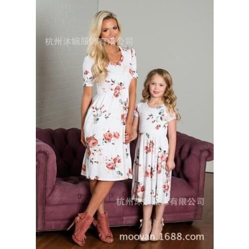 Parent-Child Floral Dress Family Clothes Outfits Mommy and Daughter Matching Dress Short Sleeve Hi-Low Summer Dress NO30-38