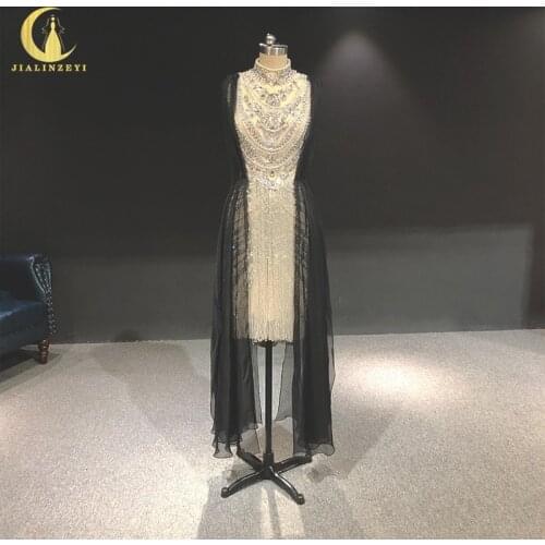 Rhine real High Neck Sliver Crystal luxurious with pearls tassles black chiffon knee length party dress prom dress evening dress