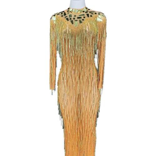 Sparkling Sequins Tassel Split Fork Dress Long Sleeve Backless Performance Clothing Theatrical Costume For Women