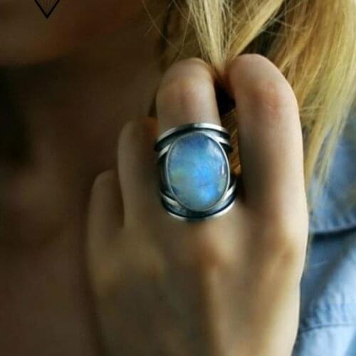 Vintage 925 Thai Silver Ring Colorful Moonstone Ring for Women Gift Jewellery Ring Wholesale Size 6-10