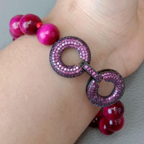 YYGEM 8'' Fuchsia Round 10mm Tiger Eye Strands Bracelet cz pave gunmetal color plated Connector Handmade Casual Jewelry Pulseras