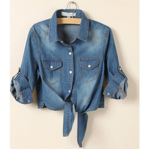 Womens Shirt Casual 3/4 Sleeve Button Down Crop Jean Top Knot Tie Denim Shirt Jacket Blouses And Shirts Рубашка Женская