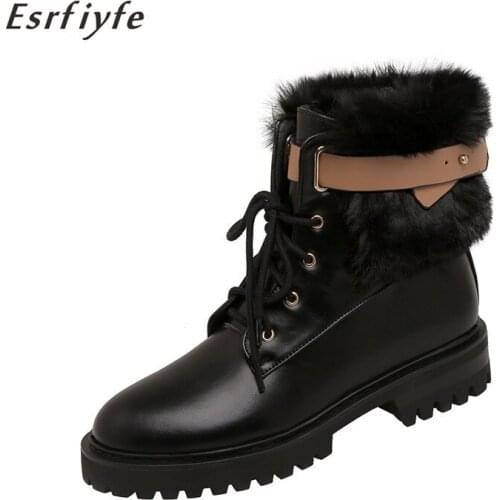 ESRFIYFE 2020 New Winter Snow Boots Platform Plush Fur Martin Ankle Boots Women Thick Heels Boots Chunky Combat Ladies Shoes