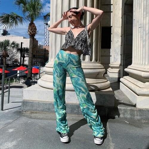 Chic Y2K Women High Waisted Green Tie Dye Skinny Pants Long Sexy Casual Summer 2021 Capris Baggy E Girl Trousers Pants