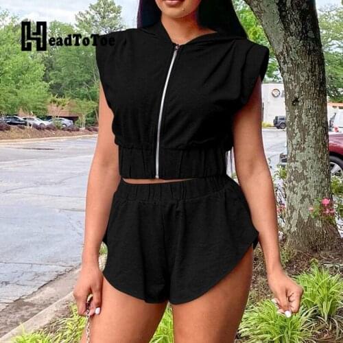 Plain Short Sleeve Zipper Front Hooded Tops & Shorts Set Summer Women Two Piece Set