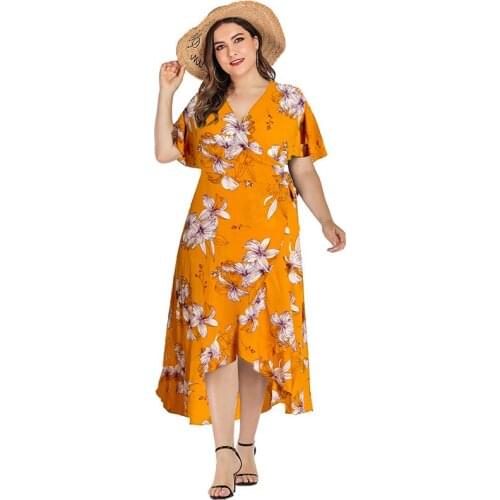 2021 Summer Plus Size Boho Beach Dress Women Short Sleeve falbala Floral Print Ruffles Wrap Dresses Maxi Long Party Dress