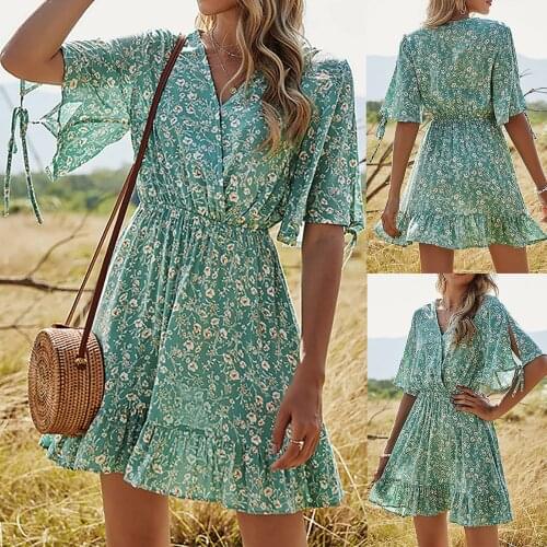 Sagace print tight dress medium length womens V-neck print dress bat sleeve short sleeve skirt robe longue 2021